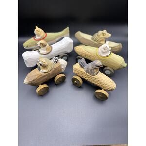Vintage Hand Carved Wooden Animal Derby Cars Primitive Folk Art Lot of 6